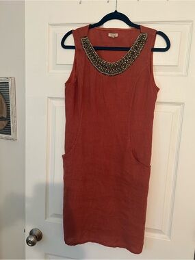 Sleeveless Beaded-Neck Midi Dress in Rust